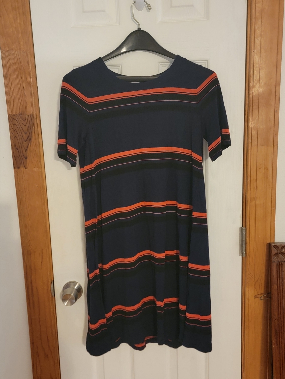 Ann TAYLOR Loft Navy Tshirt Dress Pink Black Stripes Rayon Spandex Size XS